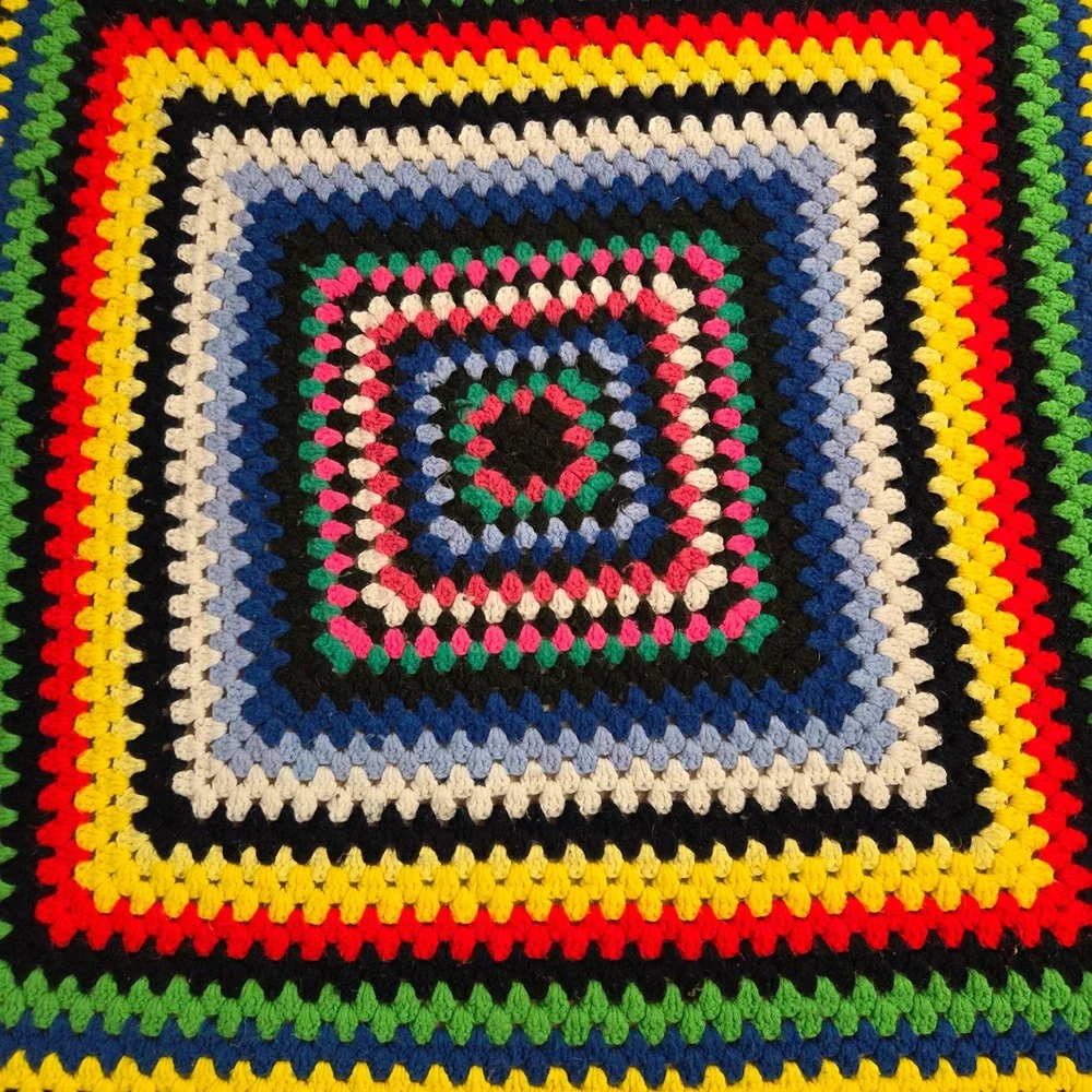 Vintage‎ Handmade Crochet Granny Square Rainbow Afghan Throw Blanket 36x36 Boho